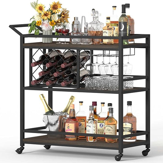 FATORRI Bar Cart for The Home with Wine Rack and Glasses Holder, Small Home Bar Serving Cart on Wheels for Liquor and Alcohol (Walnut Brown)