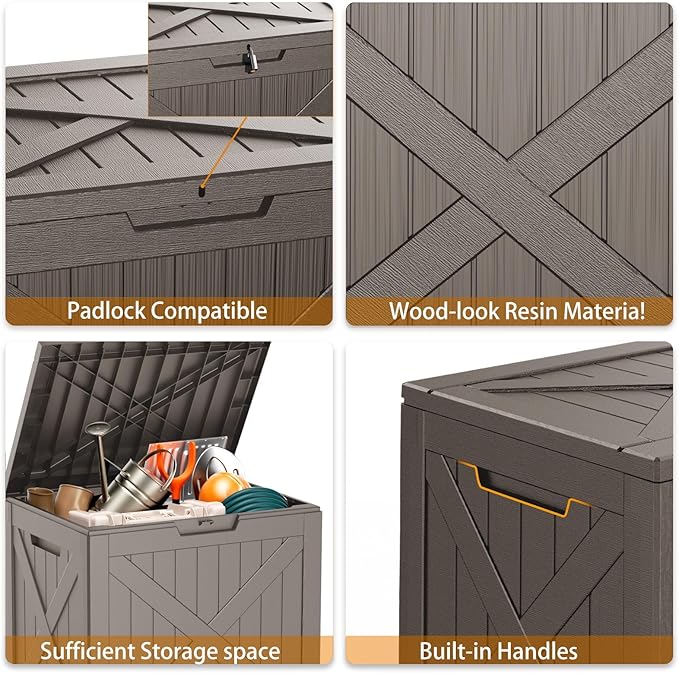 38 Gallon Outdoor Deck Box,Storage Lockable Waterproof Patio Furniture,Garden Tools,Cushions,Pool Accessories Outside Storage Resin Box(GreyX)