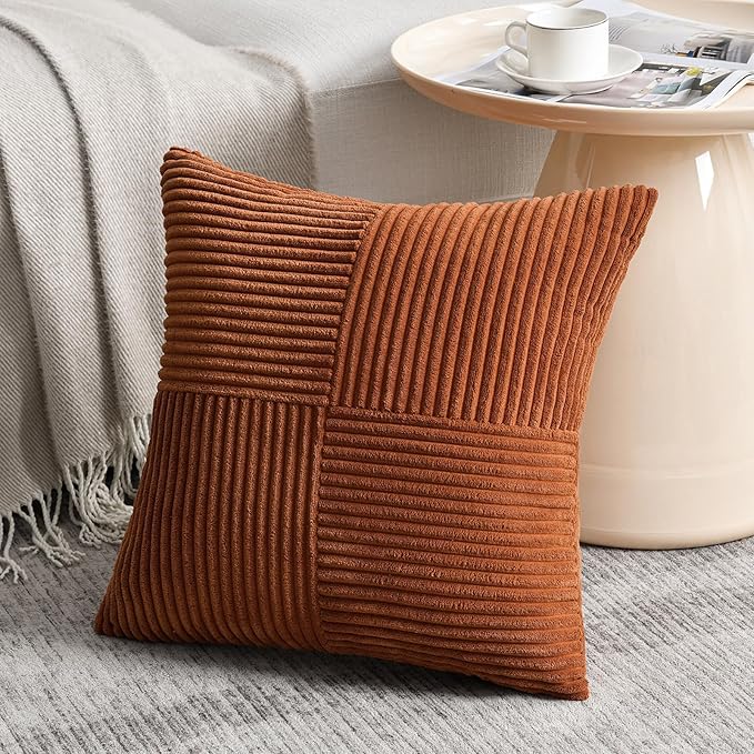Fancy Homi 2 Packs Rust Euro Decorative Throw Pillow Covers 26x26 Inch for Bedroom Bed, Farmhouse Boho Home Decor, Soft Corss Corduroy Patchwork Textured Square Terracotta Cushion Case 66x66 cm