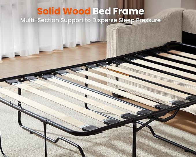 Pull Out Sofa Bed, Full Size Sleeper Sofa, 2-in-1 Convertible Corduroy Couch with USB Charging, Memory Form Couch for Living Room, Apartment and Small Space (Corduroy Beige, Queen Size)