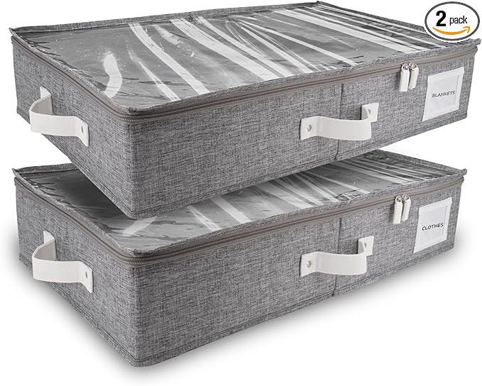 HOMELUX THEORY 2pc Under Bed Storage Containers, Bedroom Under the Bed Drawer Storage Organizer with Bins and Lids, Large Underbed Clothes Storage Box Ideal for Blanket, Fabric, & Shoes (LightGray)
