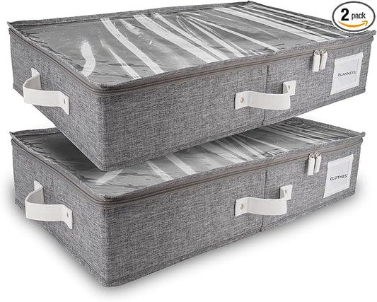 HOMELUX THEORY 2pc Under Bed Storage Containers, Bedroom Under the Bed Drawer Storage Organizer with Bins and Lids, Large Underbed Clothes Storage Box Ideal for Blanket, Fabric, & Shoes (LightGray)