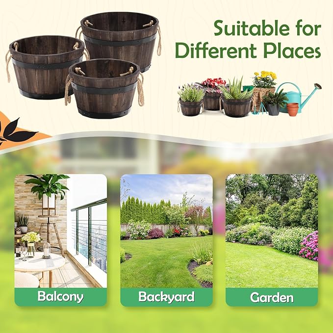 IDZO Set of 3 Wooden Flower Boxes Outdoor, Durable Acacia Wood Barrel Planters for Outdoor Plants with Ergonomic Handles, Drainage Holes, Multiple Sizes Wood Bucket Planter for Home Décor