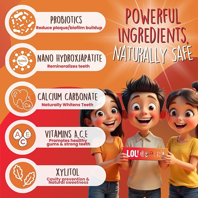 LOL Toddler Toothpaste, Nano Hydroxyapatite Toothpaste, Probiotics, Vitamins, Xylitol Tooth Paste Kids | Remineralizing | Natural | Plant-Based Foam | Pasta De Dientes para Niños (Cinnamon)