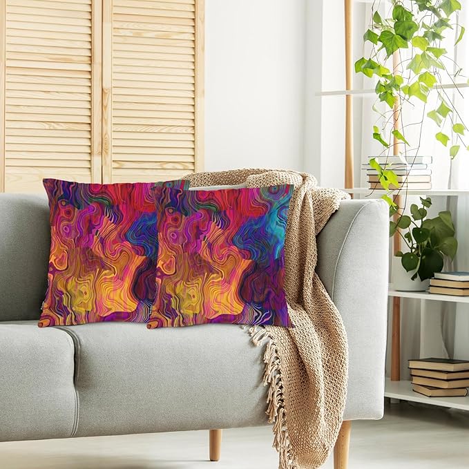 Swono Set of 2 Decorative Throw Pillow Covers Chaotic Waves, Abstract Blur Chaotic Waves Rainbow Pillowcases Accent Pillow Cushion Cover for Couch Sofa Bed Office Armchair 18 X 18 Inch