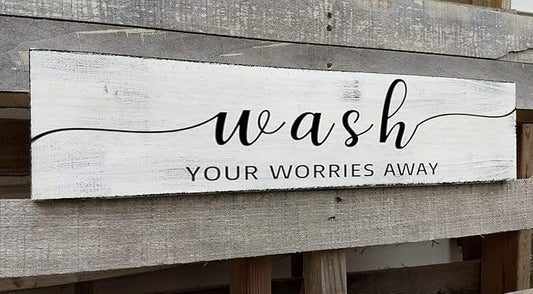 Farmhouse Bathroom Sign, Wash Your Worries Away, Rustic Wooden Bathroom Wall Art Decor, Inspirational Signs Bath Wall Hanging Art Home Decor (Wash) 6x16 Inch