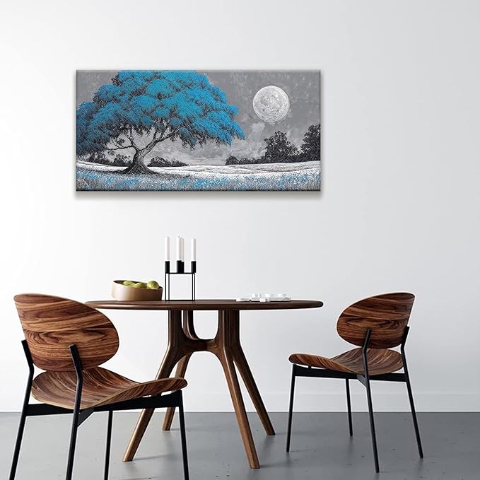 TAIJXAGSG Wall Art For Living Room Blue Tree Moon Canvas Art Wall Decor Artwork Print Painting 20" X 40" Canvas Picture For Bedroom Decor Modern Salon Kitchen Office Hang A Picture