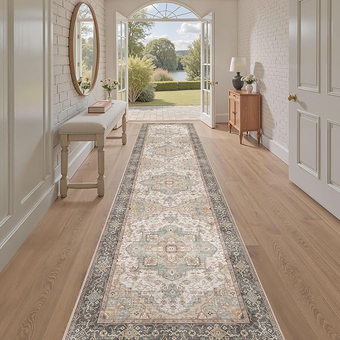 Washable 2.6x14 Runner Rug - Area Rugs Neutral Vintage Distressed Floral Farmhouse Boho Large Soft Floor Rug Indoor Carpet for Hallway Entryway Home - Forest Green Orange