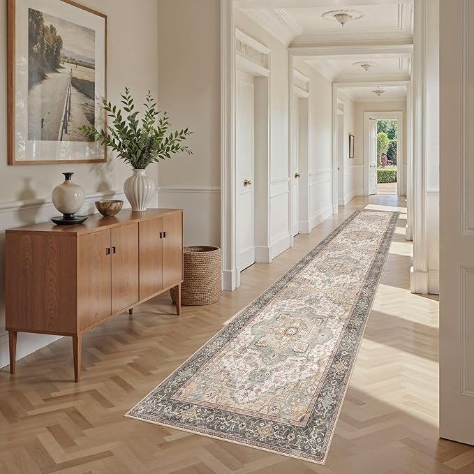 Washable 2.6x14 Runner Rug - Area Rugs Neutral Vintage Distressed Floral Farmhouse Boho Large Soft Floor Rug Indoor Carpet for Hallway Entryway Home - Forest Green Orange