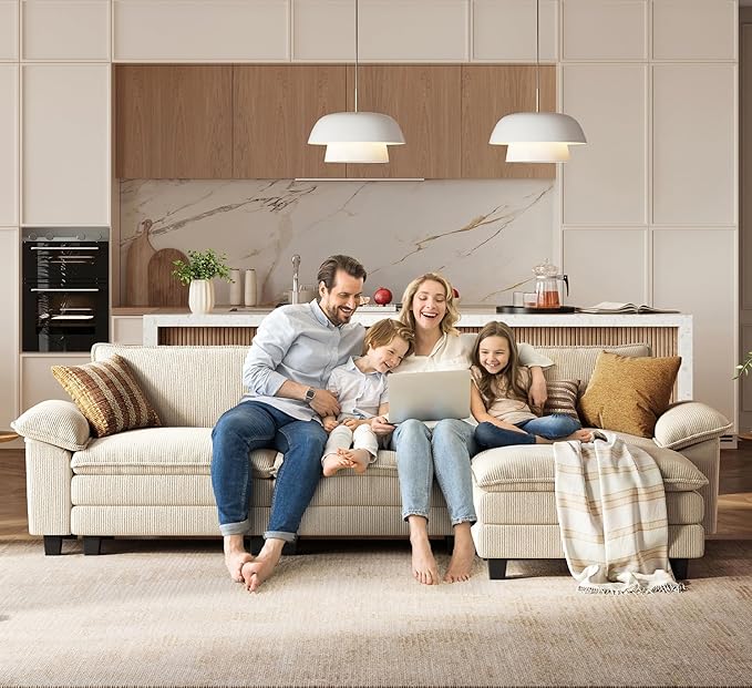 LINSY HOME Modular Sectional Sofa - 123'' Comfy Corduroy Cloud Sofa Oversized L Shaped Couch with Movable Ottoman, Soft Modern Sofa for Living Room Apartment, Beige