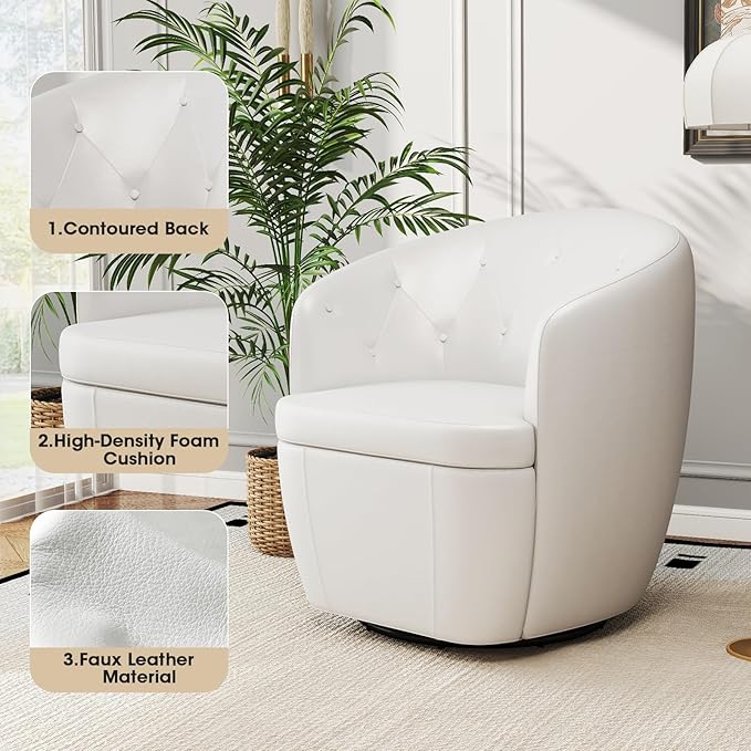 360° Swivel Leather Accent Chair, Modern Barrel Club Chair with Leather Upholstery and Sturdy Base, Comfortable Armchair for Living Room, Bedroom, Reading Nook, White