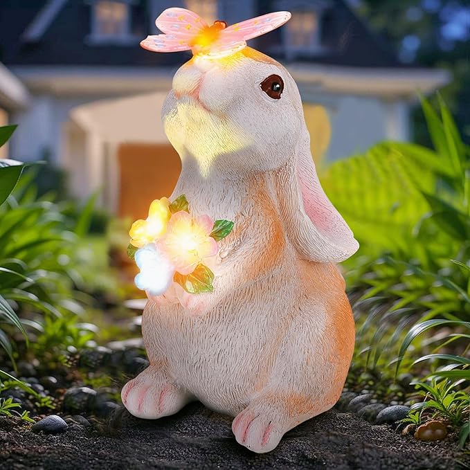 Vermeyen Solar Garden Statues Outdoor Decor-Yard Decorations for Patio,Balcony,Backyard,Lawn Ornaments-Easter Bunny Figurines with LED Light-Unique Birthday Gardening Gifts for Women,Mom,Grandma