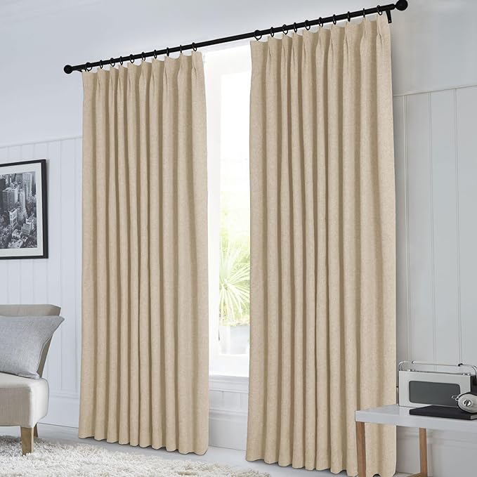 Macochico 100”Wx96”L Pinch Pleated 100% Blackout Linen Curtains Thermal Sliding Curtains for Bedroom Living Room Sliding Glass Door Farmhouse Shabby Chic Sand Beige Drapery with Tieback 1 Panel