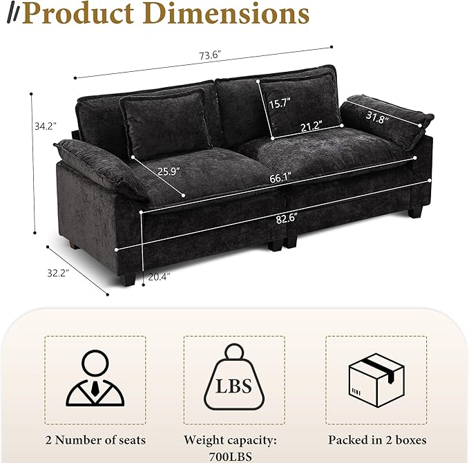 URRED Modular Sectional Sofa Comfy Cloud Couch, Modern Chenille Sofa Sleeper Deep Seat Couches with Ottoman/Pillows for Living Room (Black, 82.6'')