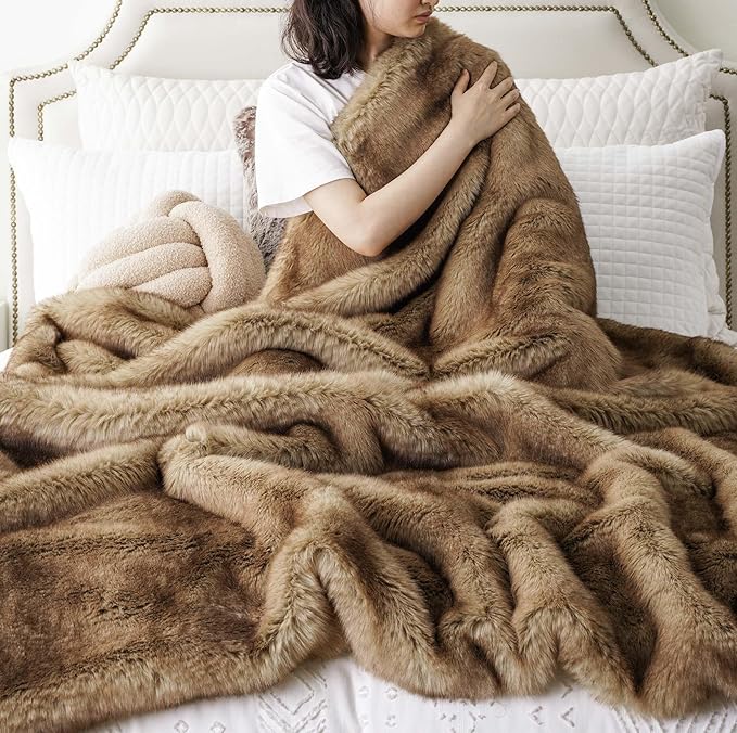 BATTILO HOME Luxury Camel Faux Fur Throw Blanket, Soft Cozy Warm Mink Fur Blanket for Bed, Home Decor, Large Striped Fur Blankets and Throws Faux, 60"x80"
