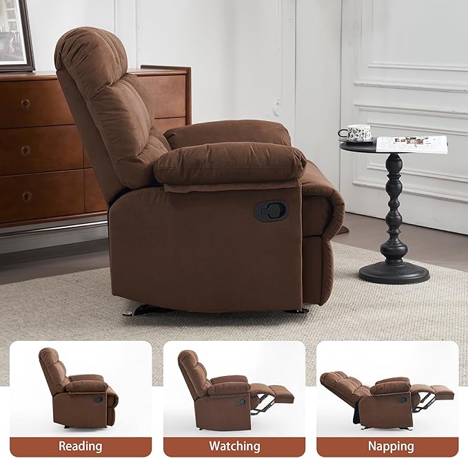 Rocker Recliner Chair, Overstuffed Manual Rocking Recliner for Adults, Upholstered Comfy Soft Fabric Living Room Reclining Sofa Chair (Brown Fabric)