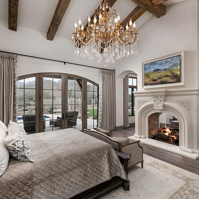 Vintage 10 Arms Crystal Chandelier Candle Light Fixture for Dining Room Living Room Bedroom Hallway Entryway Antique Gold Finish (34"-15 Lights)