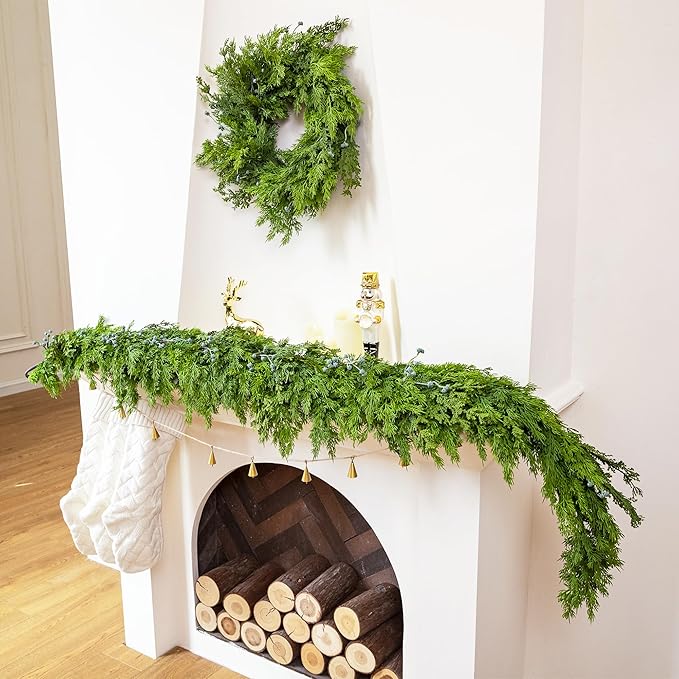 6FT Cedar Garland with Blue Berry Cypress Pine Garland Realistic for Mantle Stairs Fireplace Wall Window Front Door Indoor Outdoor Christmas Decor Xmas Decorations