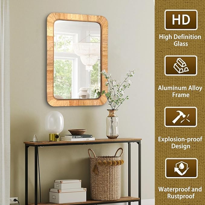 24x36 inch Rattan Rectangular Mirror for Wall, Bohemia Bathroom/Farmhouse Boho Mirrors, Vanity Irragular Decorative Mirror, Suitable for, Nursery, Bedroom, Living Room, Home Decoration