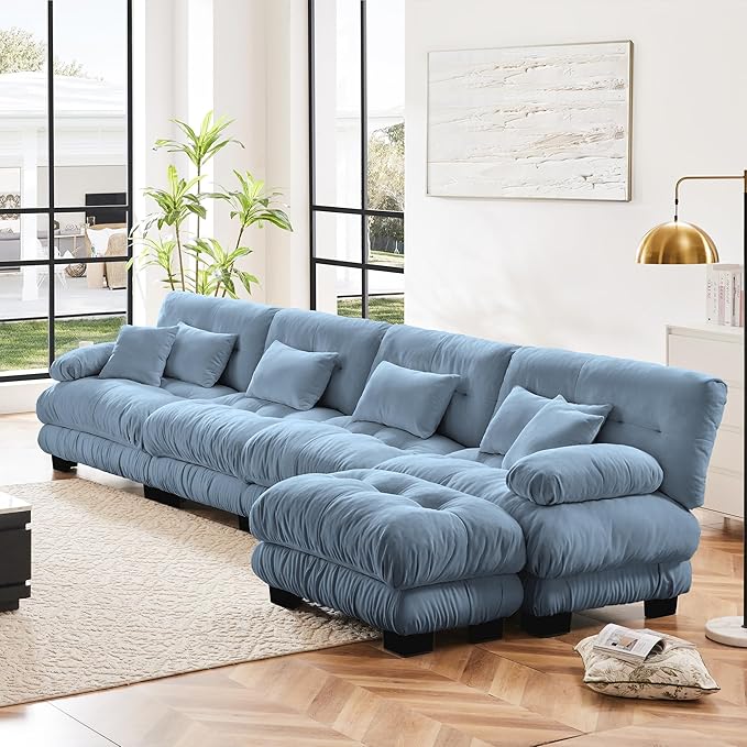 Modular Sectional Sofa, Comfy Cloud Couch 4 Seater Couch with Ottoman, Sectional Couches for Living Room, Modern Chenille L Shaped Couches, Sleeper Deep Seat Sofa with Throw Pillows, Blue