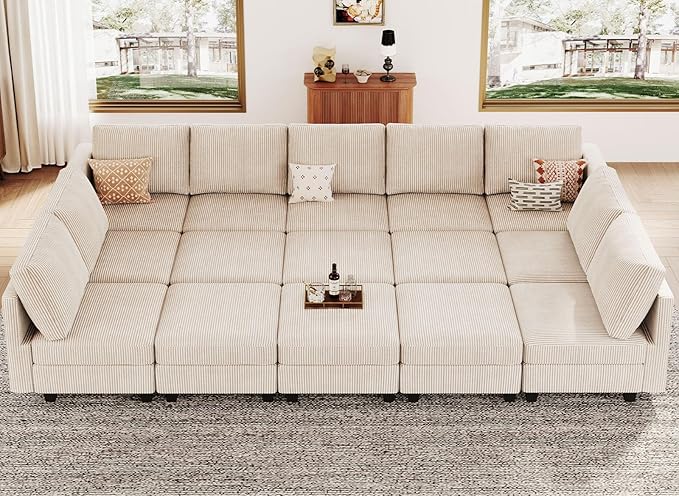 Belffin Large 15 Seat Modular Sectional Sofa with Storage Seat Corduroy Sleeper Sectional Sofa Bed Oversized Convertible Modular Couch for Living Room Beige
