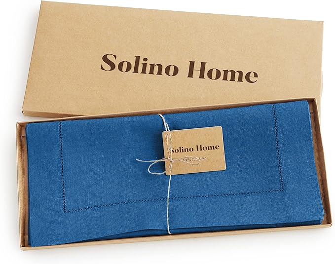 Solino Home Linen Table Runner 48 Inches - 100% Pure Linen Indigo Blue Hemstitch Table Runner 14 x 48 Inch Ideal for Dresser and Coffee Tables - Fall, Autumn - Classic Hemstitch