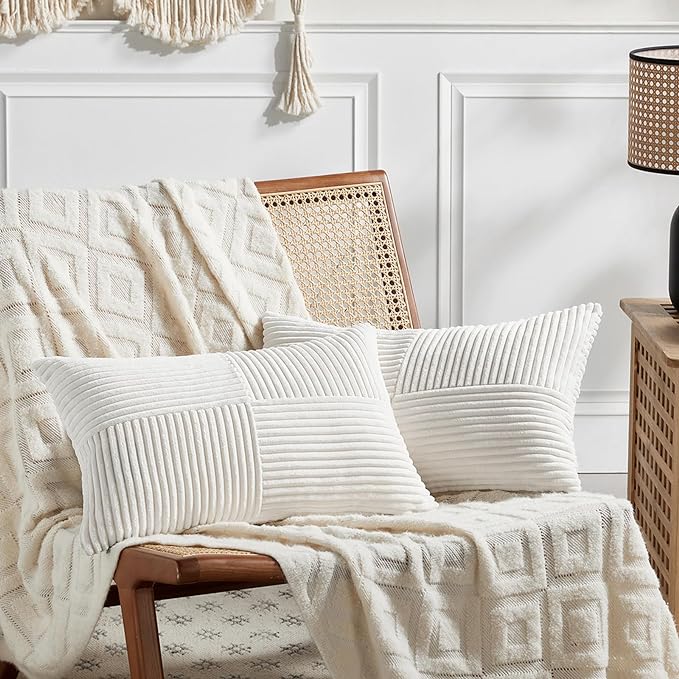 Fancy Homi 2 Packs Cream White Long Lumbar Decorative Throw Pillow Covers 16x24 Inch for Couch Bed Sofa, Rustic Farmhouse Boho Home Decor, Soft Striped Corduroy Rectangle Accent Cushion Case 40x60 cm