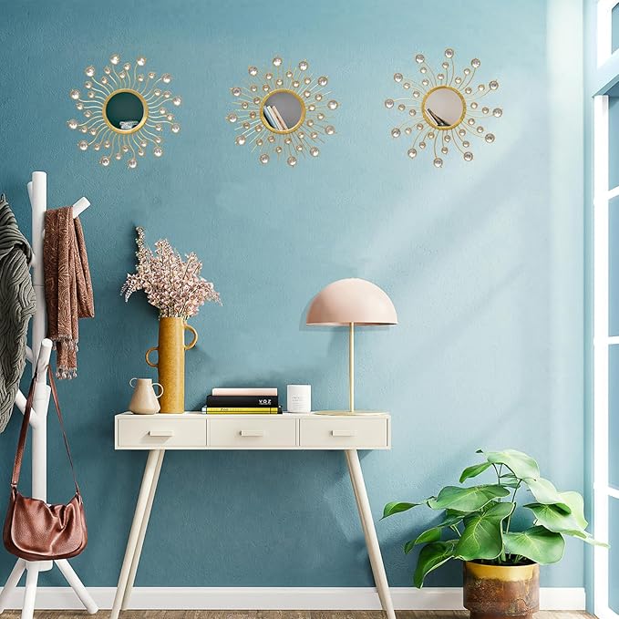 Mirror Wall Decor Wall Mirrors Decorative Sunburst Boho Mirror Gold Mirror Wall Art Metal Decor Mirror Hanging Living Room Bedroom Bathroom Set of 3