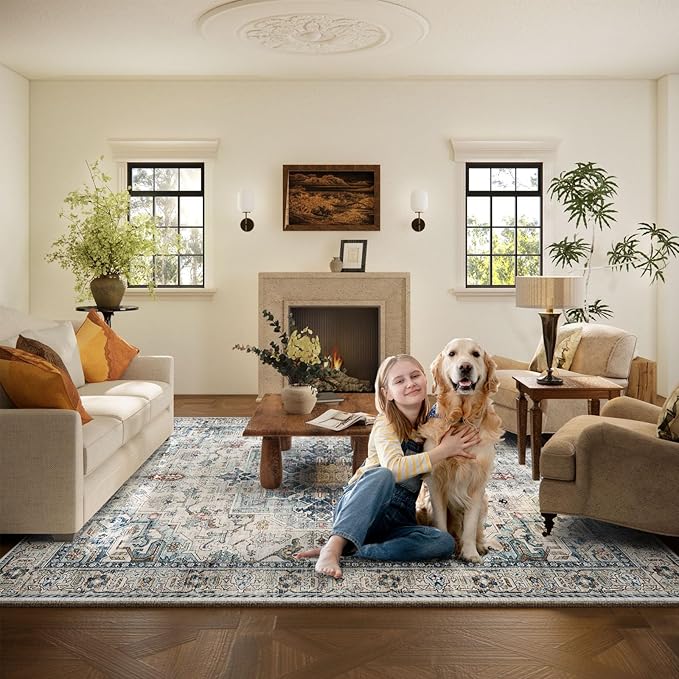 10x12 Area Rugs for Living Room: Large Area Rug Washable Stain Resistant Non Slip Distressed Vintage Low Pile Faux Wool Soft Rugs for Bedroom Farmhouse Dining Room Kids Playroom Nursery