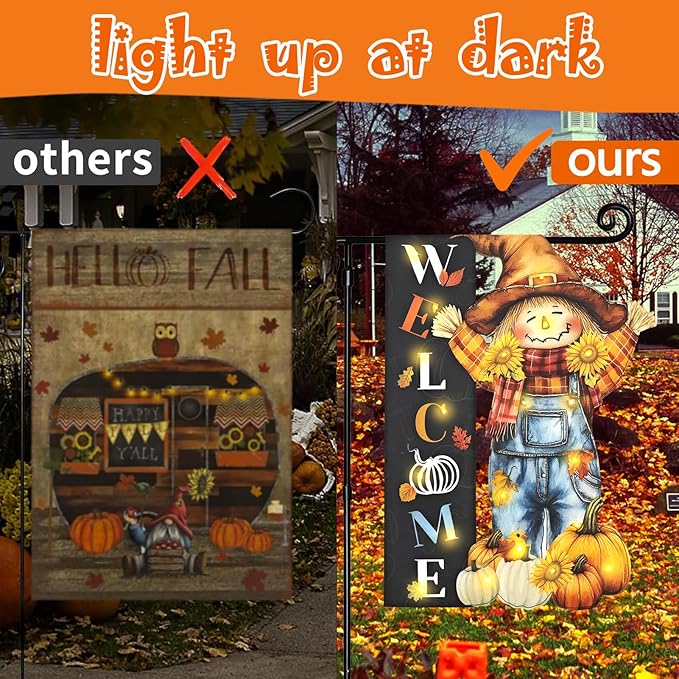 Thanksgiving Lighted Garden Flag, Solar Fall Outdoor Decor Yard Flag,8 Modes Led Scarecrow Flag,28x40 Double Sided Maple Leaf Pumpkin Bird Decorations for Home Porch