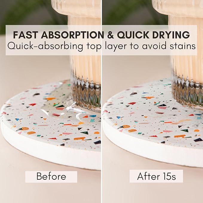 Terrazzo Drink Absorbent Coasters with Holder Set of 6, Ceramic Coaster for Drinks, Coffee Table Decor, Water Absorbing Stone Coaster for Drinks (Confetti)
