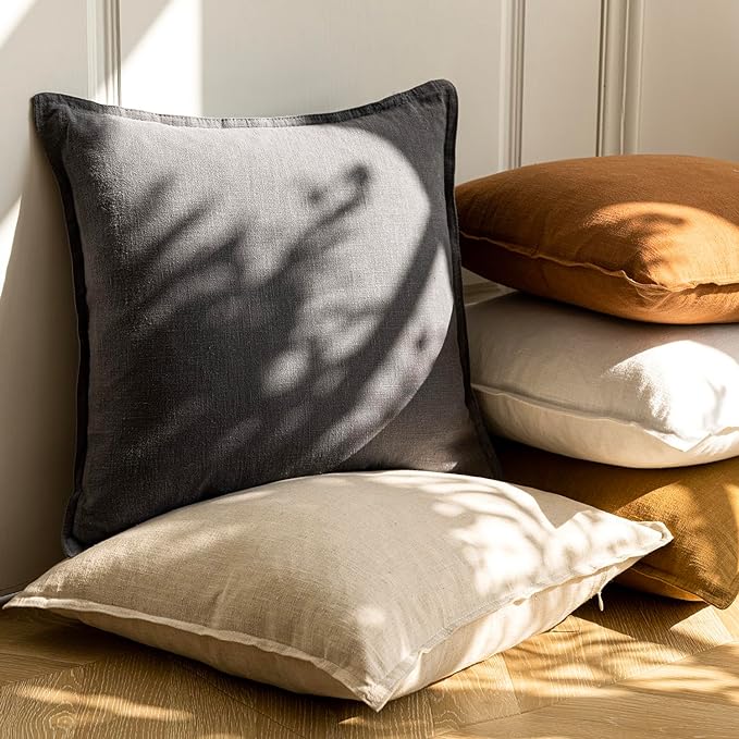 Foindtower Pack of 2, Decorative Linen Soild Throw Pillow Covers Soft Accent Square Cushion Case Boho Farmhouse Pillowcase for Chair Couch Sofa Bedroom Living Room Home Decor 18 x 18 Inch Grey