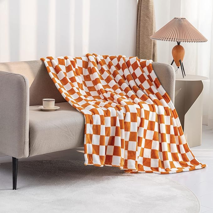 LOMAO Throw Blankets Flannel Blanket with Checkerboard Grid Pattern Soft Throw Blanket for Couch, Bed, Sofa Luxurious Warm and Cozy for All Seasons (Orange, 50"x60")