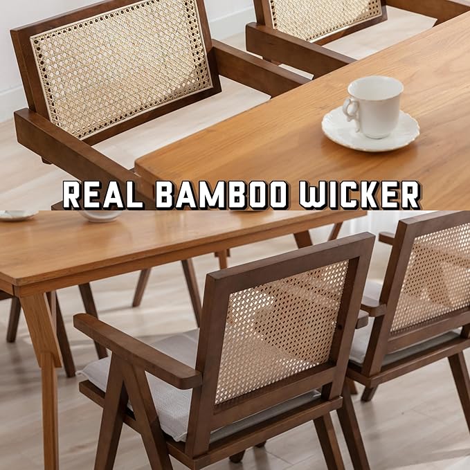 Rattan Dining Chairs Set of 6, Farmhouse Wicker Dining Chairs with Removable Linen Cushion Accent Cane Armchair for Dining Room Kitchen Restaurant, Walnut