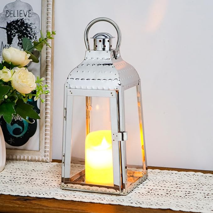 TRIROCKS Stainless Steel Candle Lanterns 12''H Decorative Candle Holders with Tempered Glass for Indoor Outdoor Porch Garden Parities and Wedding(Silver)