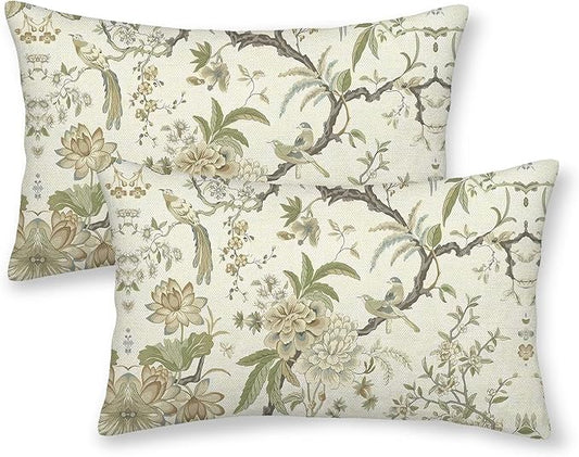 CXMEIFLY Spring Floral Birds Pillow Covers 12 x 20 Inch Set of 2 for Chinoiserie Flowers Decor Throw Pillows Sage Green Plant Outdoor Decorative Cushion Cases for Couch Bed Decorations
