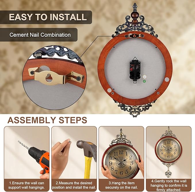 Vintage Wall Clock with Pendulum, 16 Inch Large Retro Metal and Glass Silent Clock for Living Room, Antique Wood Pendulum for Dining Room Office Home Decor