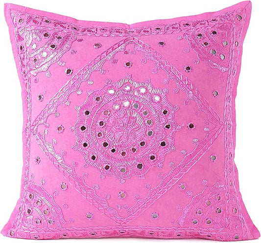 Eyes of India Embroidered Decorative Boho Throw Pillow Cover with Mirrors, Handmade Bohemian Accent Cushion Case for Sofa Couch Bedroom Living Room (Pink, 16" x 16")