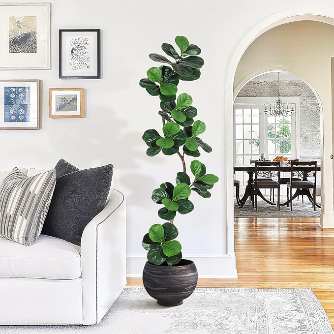 GarveeHome Fiddle Leaf Fig Artificial Tree with White Planter,7ft Faux Plants Indoor with Moss, Fake Rubber Tall Fake Floor Plant in Pot - Artificial Trees for Home Office Living Room Decor