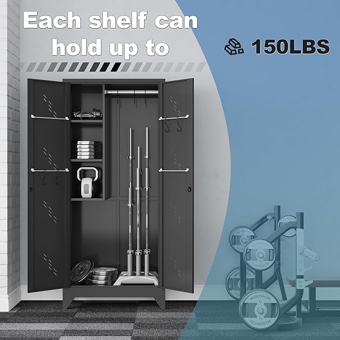 Metal Garage Storage Cabinet, 75” Cleaning Tool Cabinet with Hooks and Hanging Rods, Heavy Duty Garden Tool Organizer, Broom Cabinets for Home, Garage, Laundry Room, Gym, Workshop