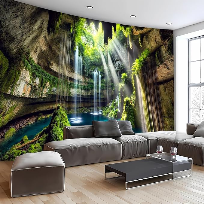 BSFHH Nature Tapestry Forest Tree Sea Cave Wall Hanging, Stream Through Rainforest Landscape Wall Art Tapestry for Bedroom Living room (Fall, 79"×59", Unframed)