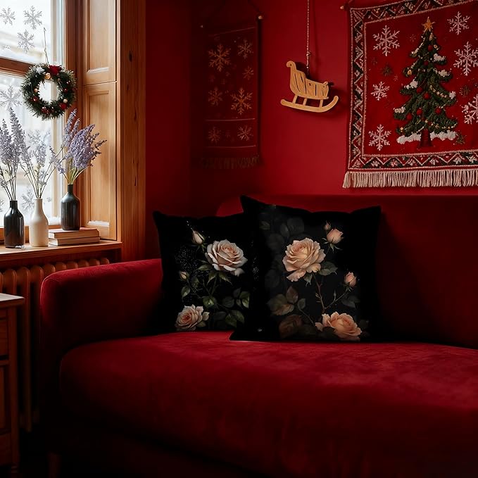 William Morris Inspired-Dark Rose Floral Pillow Covers 18x18 Set of 2, Dark Cottagecore Decor, Vintage Moody Rustic Rose Flower Botanical Decorative Pillow Covers for Home Living Room Bedroom