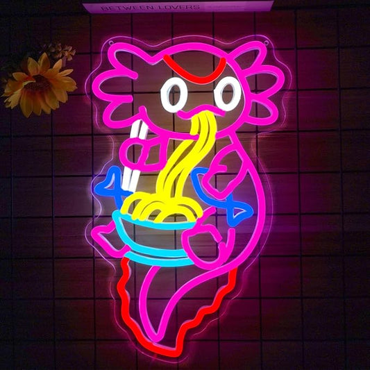 Axolotl Ramen Neon Sign for Wall Decor Dimmable Axolotl Eating Noodles LED Neon Light Cut Japanese Neon Sign Anime Neon Signs for Japan Restaurant, Home Wall Art and Kitchen Decor(15.7 * 9.7inch)
