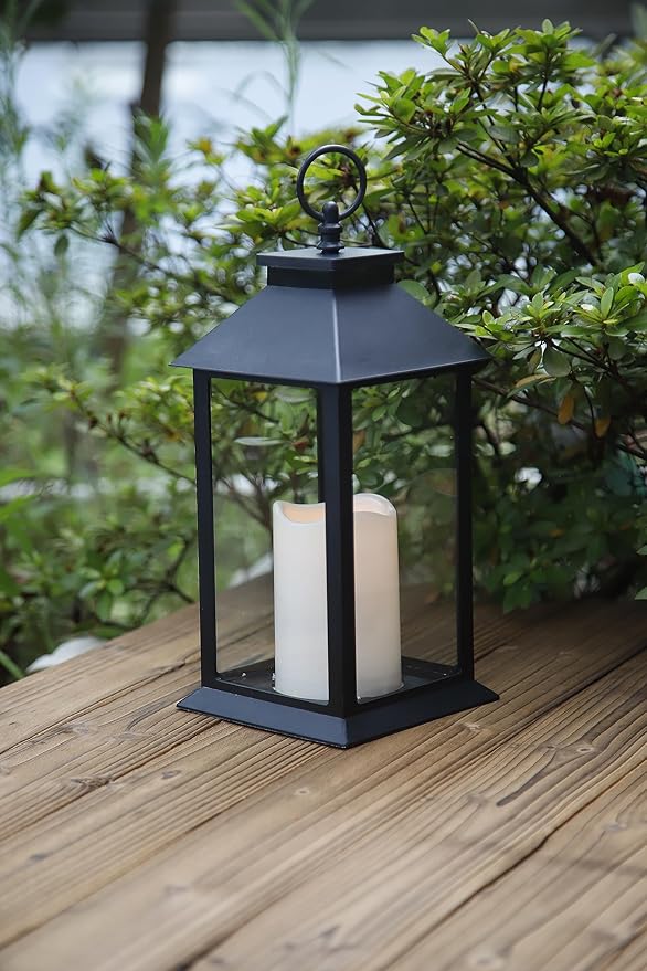 YAKii Hanging Glass Panes Lantern Portable Led Lantern Decorative Operated by 3AAA Battery Use for Garden Yard, Indoor Decoration Candle (Black)