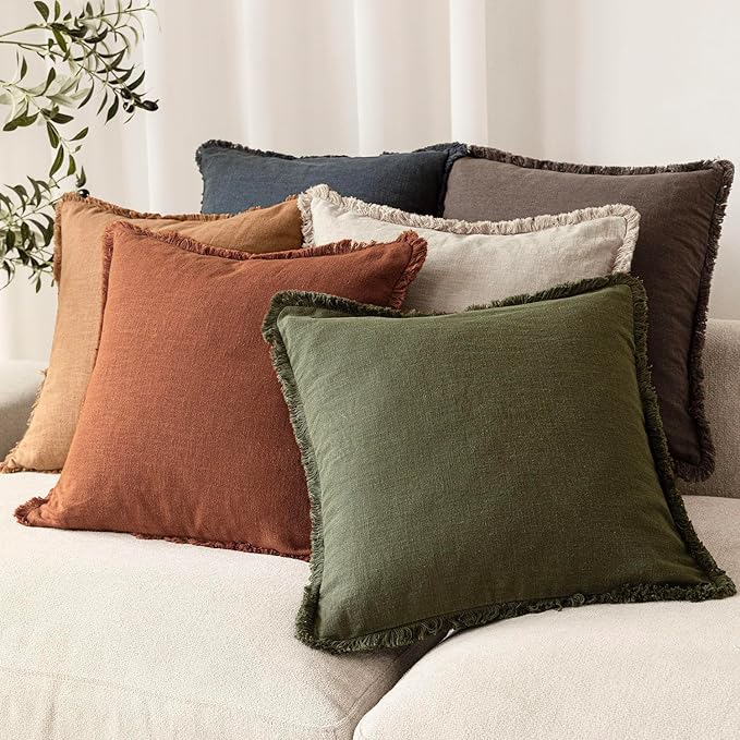 Foindtower Set of 2 Decorative Linen Fringe Throw Pillow Covers Cozy Boho Farmhouse Cushion Cover with Tassels Soft Accent Pillowcase for Couch Sofa Bed Living Room Home Decor, 26×26 Inch,Orange Brown