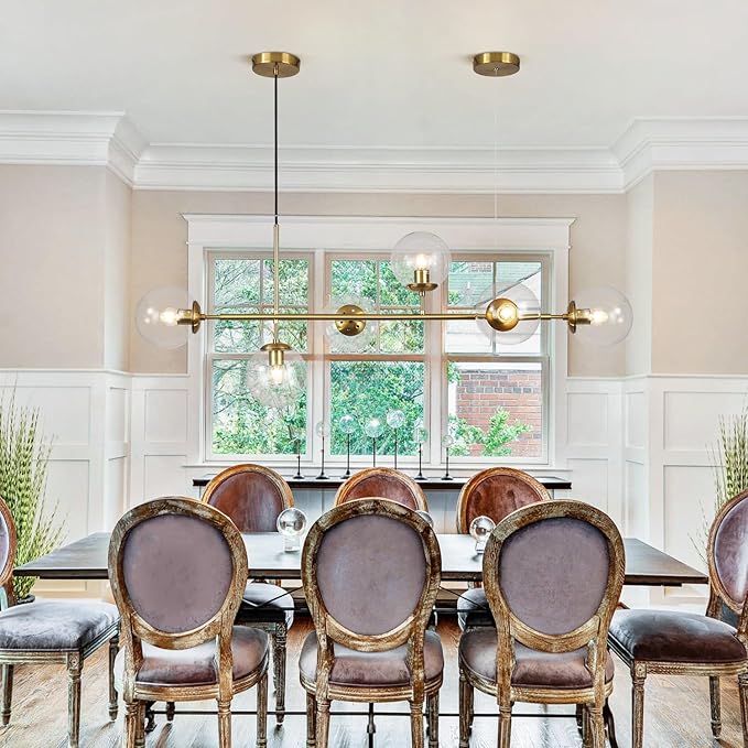 KCO Lighting 6 Light Bubble Chandelier Lighting Clear Glass Globe Chandelier Brass Gold Linear Pendant Light Mid Century Modern Pendant Light for Living Room Kitchen Island Dining Room