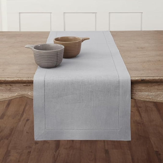 Solino Home Linen Soft Grey Table Runner 72 Inches Long - 100% Pure Linen Hemstitch Table Runner 14 x 72 Inch for Dresser, Dining, Fall, Autumn, Halloween, Thanksgiving - Classic Hemstitch