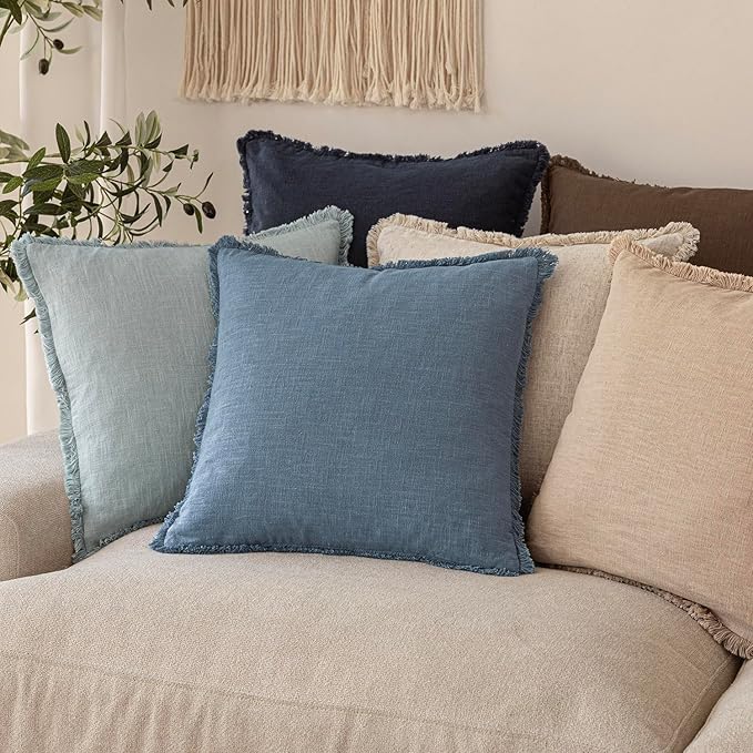 Foindtower Decorative Linen Fringe Lumbar Throw Pillow Covers Cozy Boho Farmhouse Cushion Cover with Tassel Accent Pillowcase for Sofa Bed Living Room Home Decor, 12×20 Inch,1PC,Misty Blue