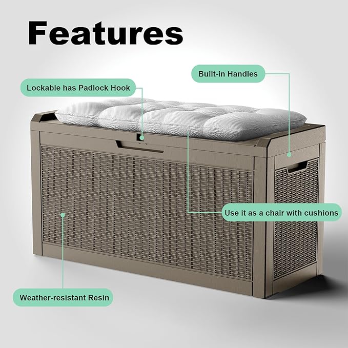 60 Gallon Deck Box Large Outdoor Storage for Patio Furniture,Outdoor Cushions,Garden Tools and Pool Supplies,Waterproof,Resin,Lockable(Grey)