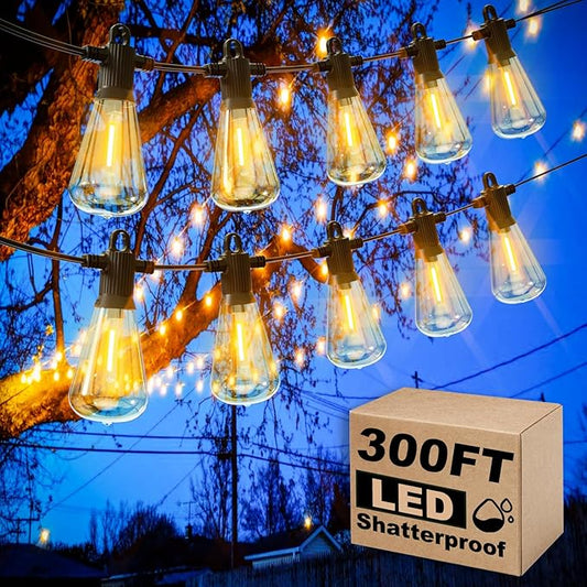 Outdoor String Lights Waterproof, 300FT Patio Lights with 146 Shatterproof ST38 Globe Bulbs(6 Spare), Connectable Dimmable LED Hanging String Lights for Outside Backyard Porch Balcony(150FT x 2)